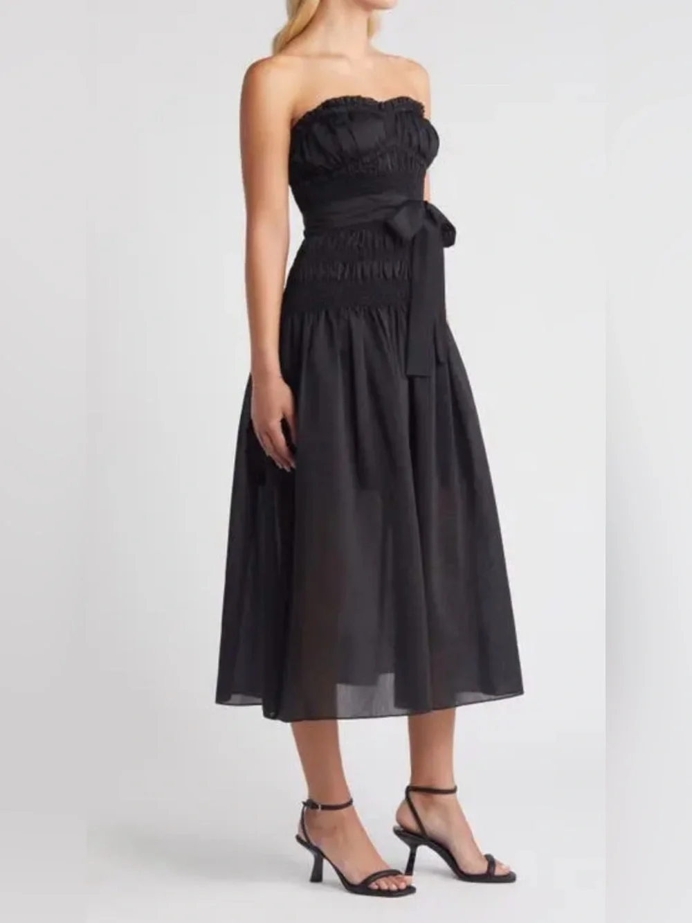Moon River Smocked Strapless Black Midi Dress - Picture 4 of 15